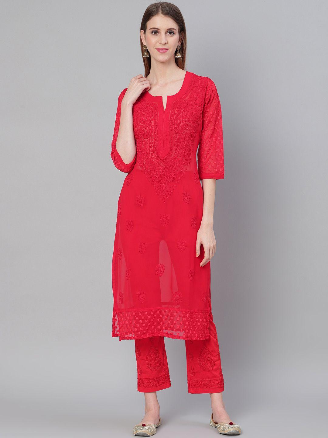 saadgi women red chikankari embroidered handloom semi-sheer kurta with trousers