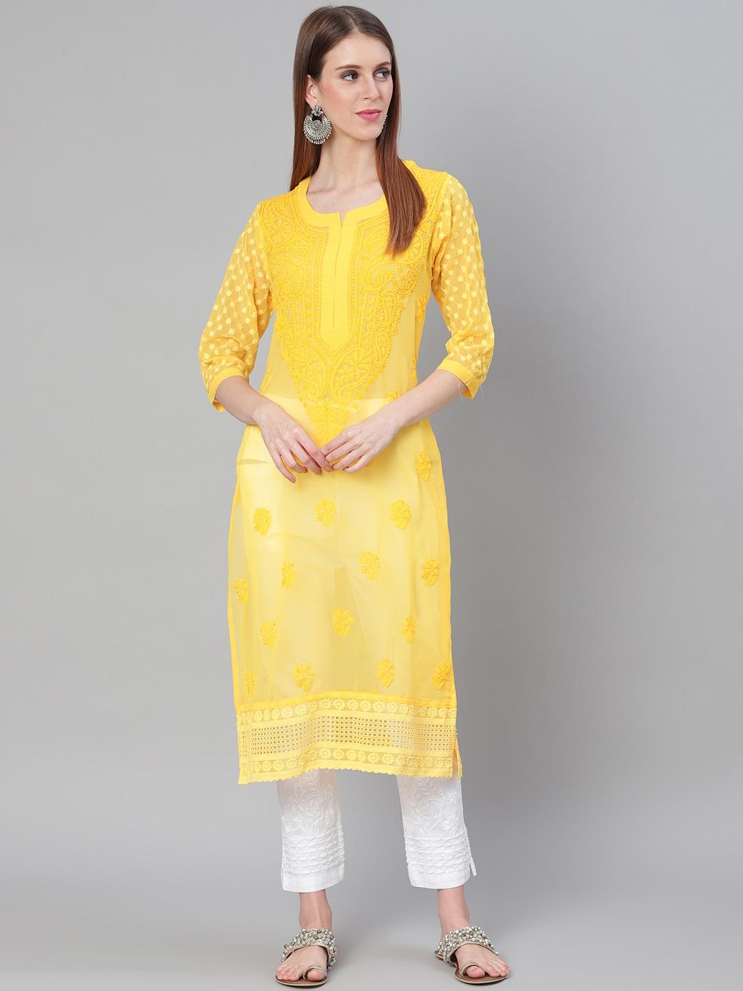saadgi women yellow & white chikankari embroidered handloom kurta with trousers