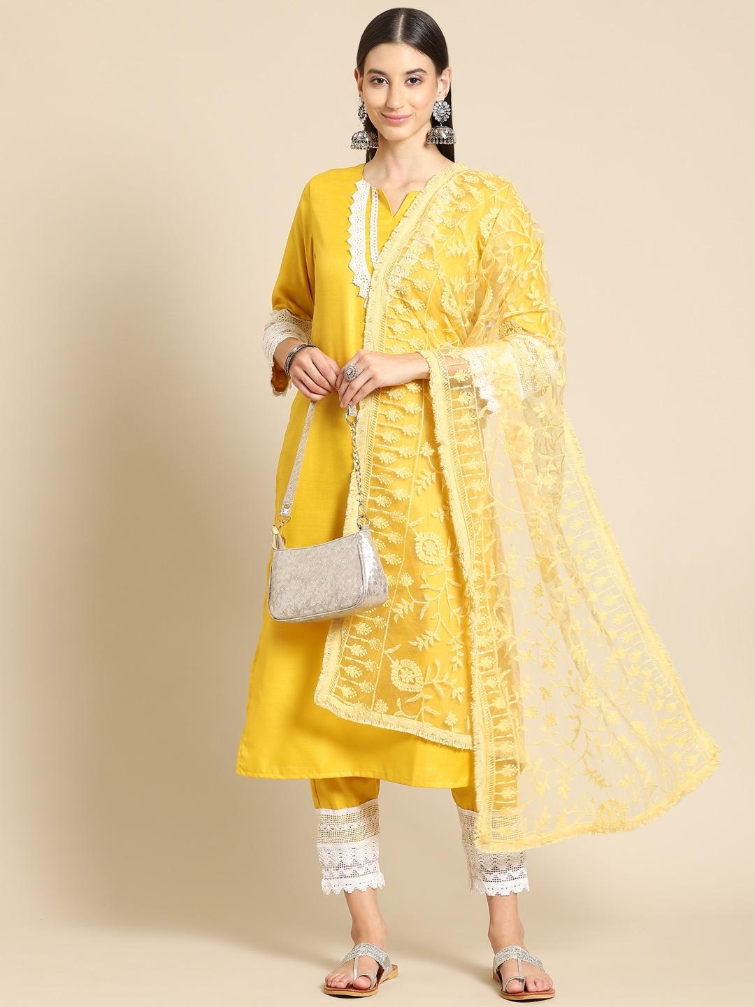 saadgi yellow & gold-toned ethnic motifs embroidered dupatta with chikankari