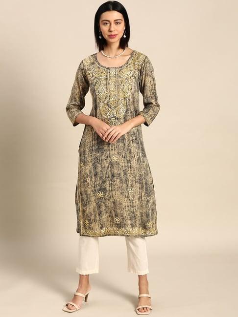 saadgi beige & black embroidered straight kurta