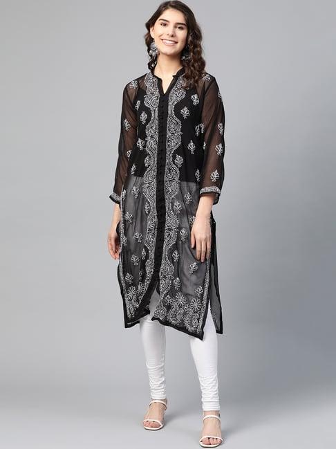 saadgi black chikankari embroidered kurta