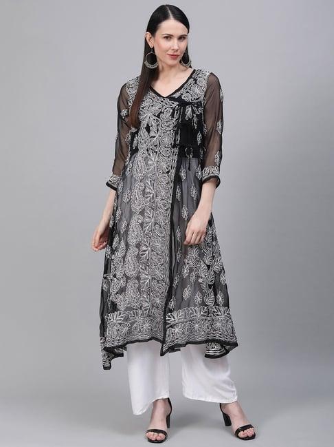 saadgi black embroidered angrakha kurta