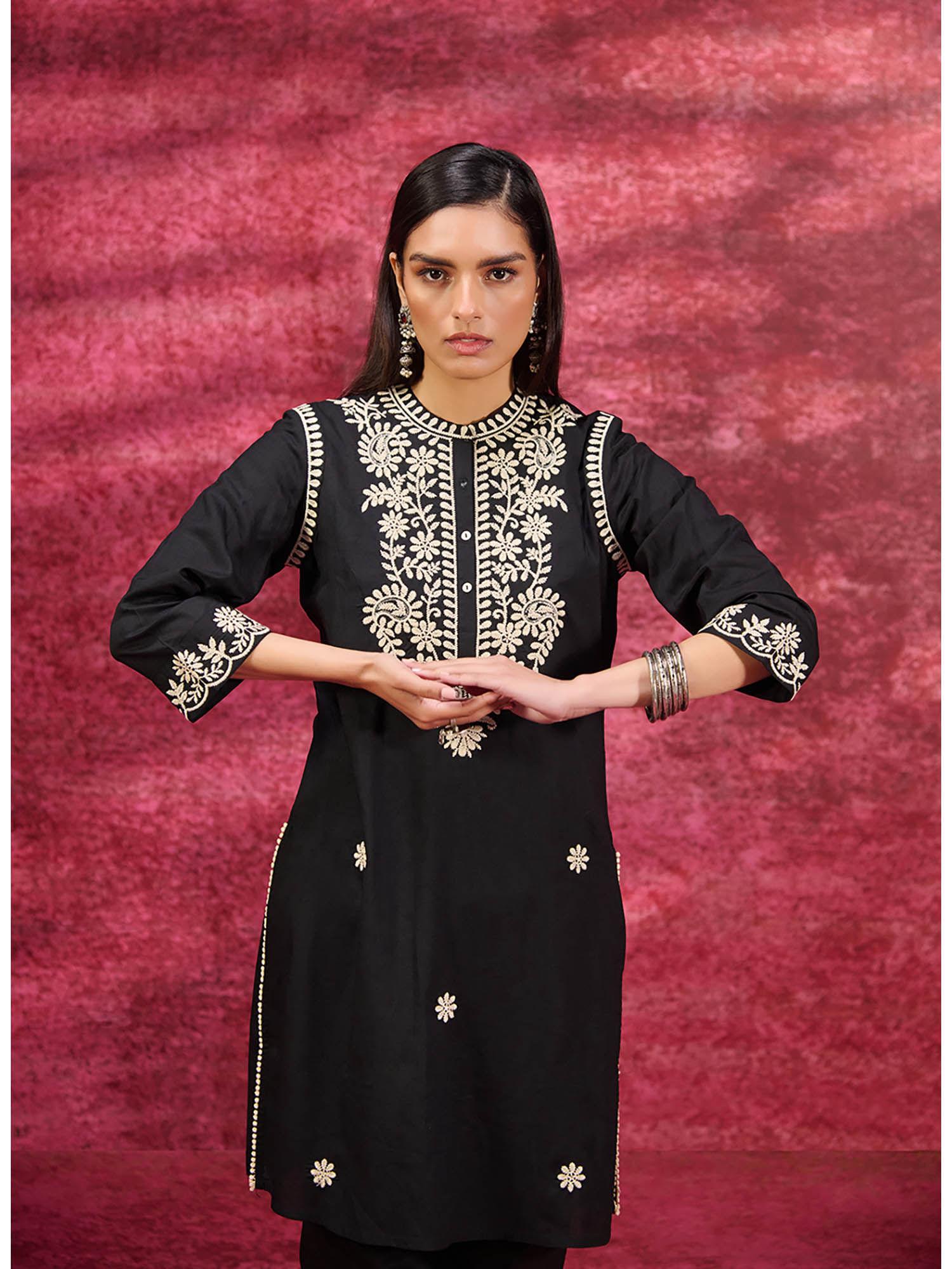 saadgi black embroidered cotton linen tunic for women