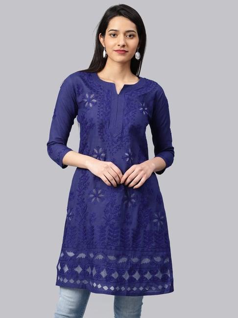 saadgi blue chikankari embroidered a line kurta