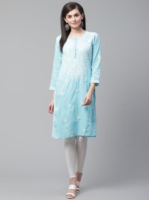 saadgi blue chikankari embroidered a line kurta