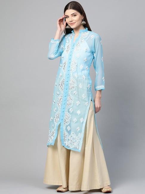 saadgi blue chikankari embroidered kurta