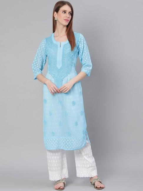 saadgi blue embroidered a line kurta