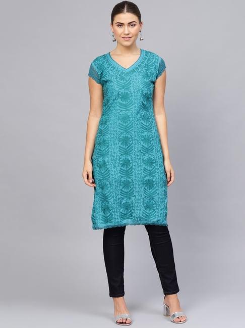 saadgi blue embroidered straight kurti