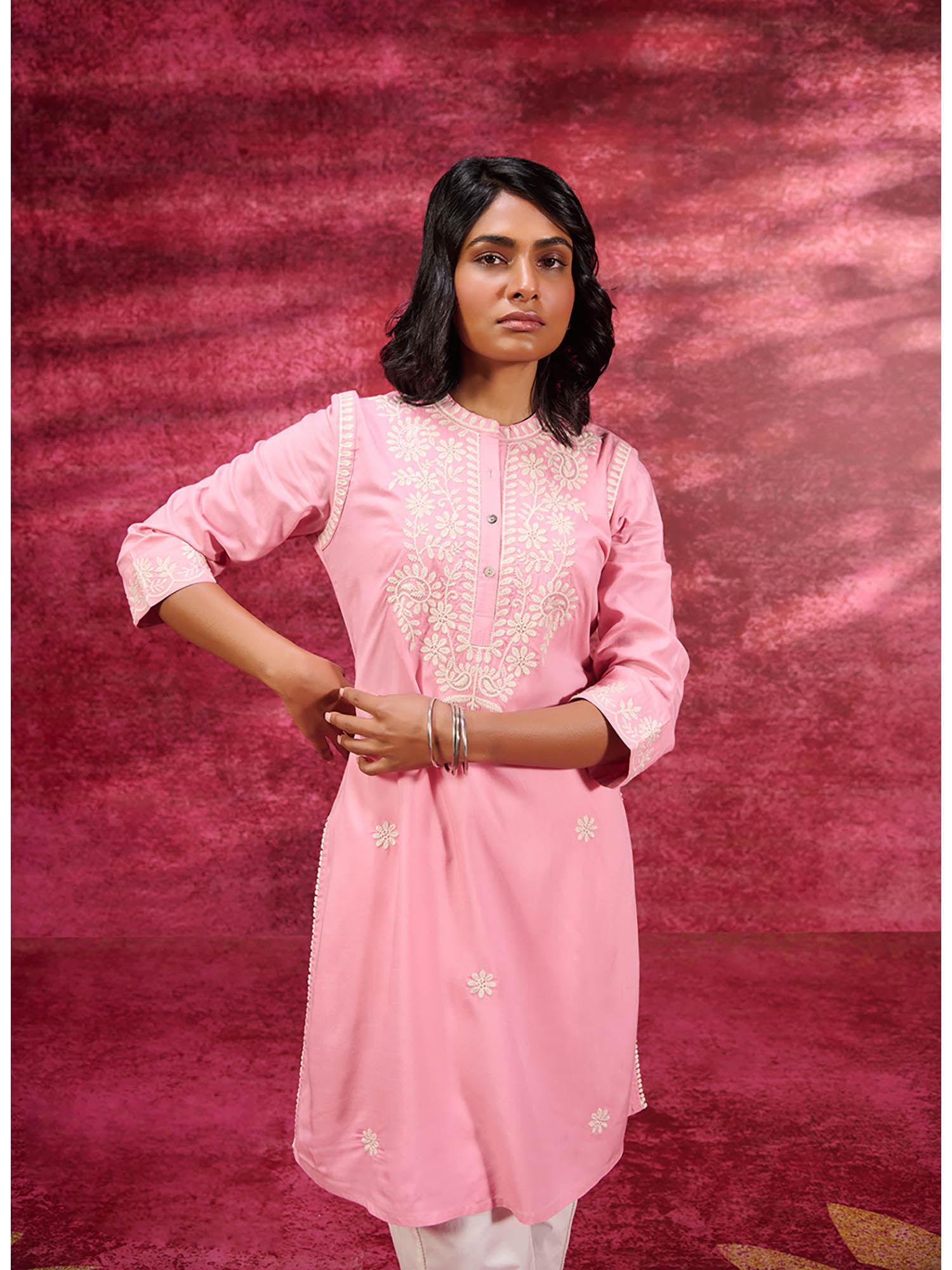 saadgi carnation pink embroidered cotton linen tunic for women