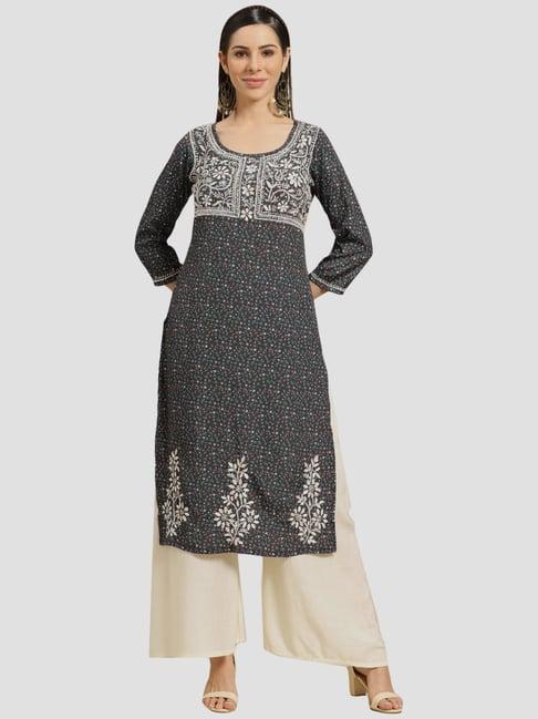 saadgi charcoal embroidered straight kurta