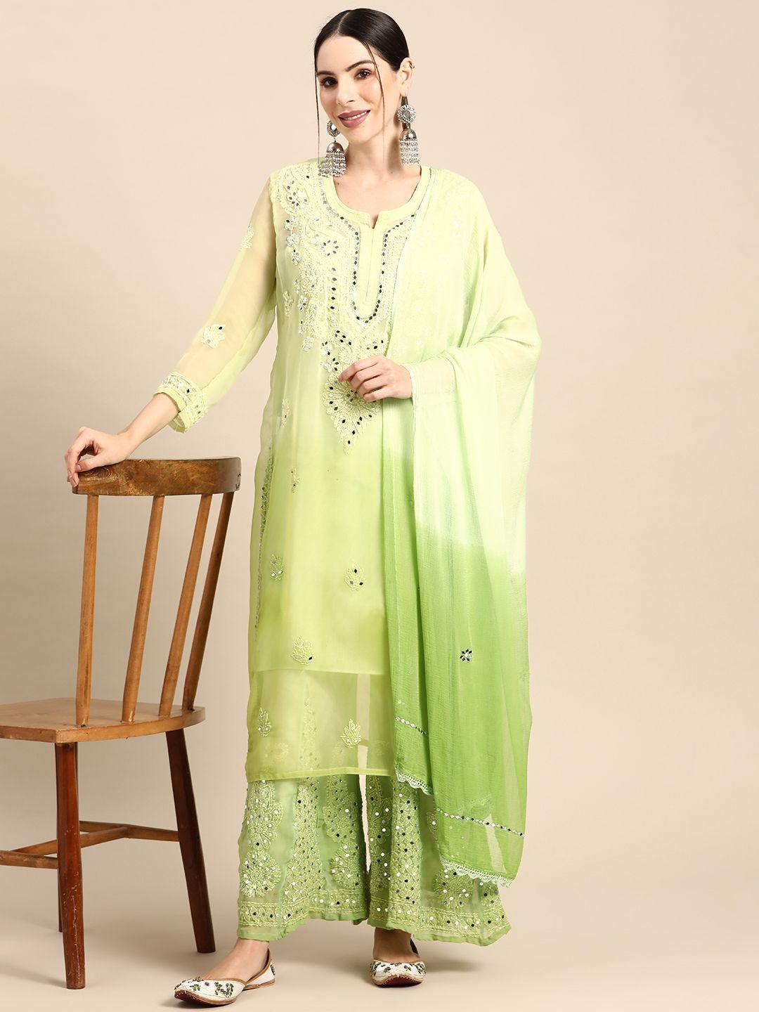 saadgi ethnic motifs embroidered chikankari kurta with sharara & with dupatta