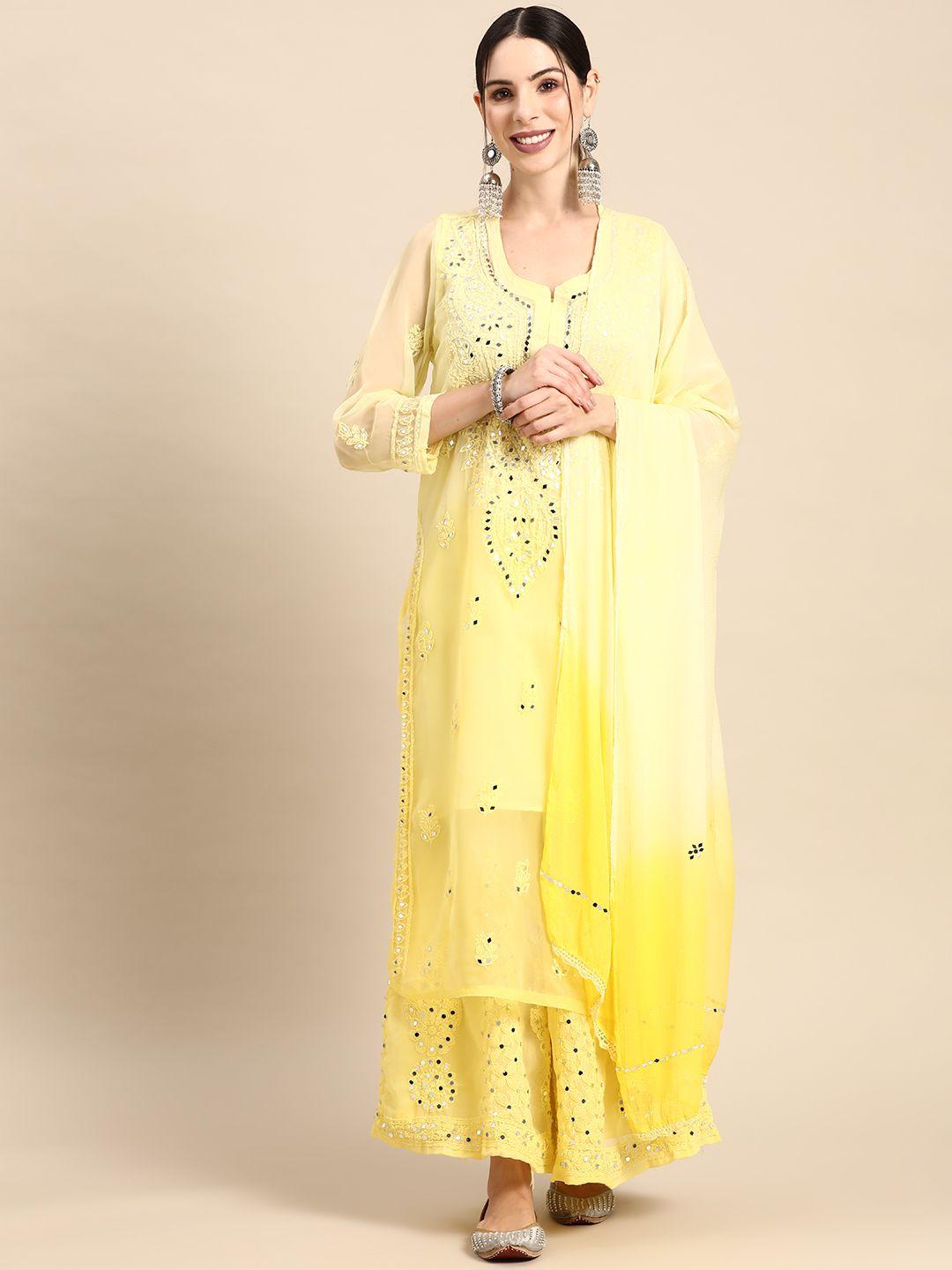 saadgi ethnic motifs embroidered chikankari kurta with sharara & with dupatta