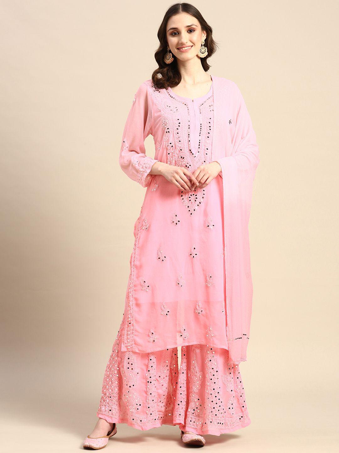 saadgi ethnic motifs ombre embroidered chikankari kurta with sharara & with dupatta