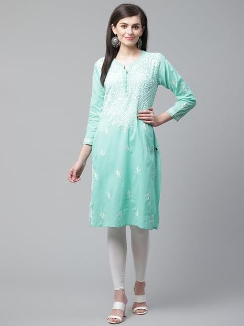 saadgi green chikankari embroidered a line kurta