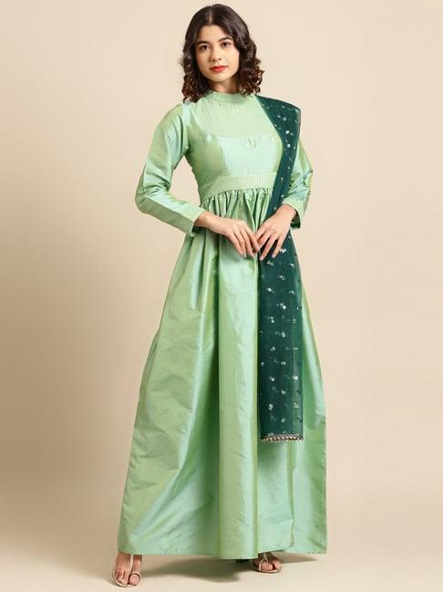 saadgi green embellished a line kurta with dupatta