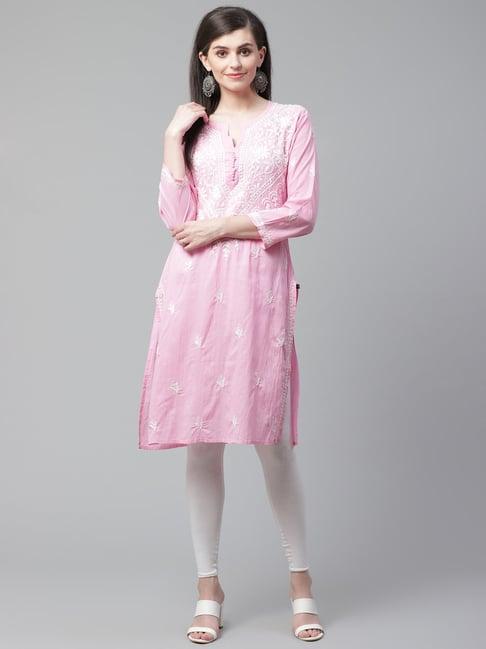 saadgi light pink chikankari embroidered a line kurta