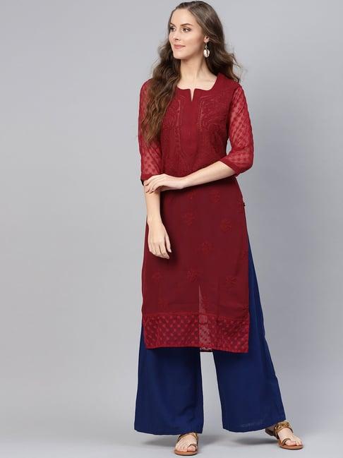 saadgi maroon chikankari embroidered a line kurta