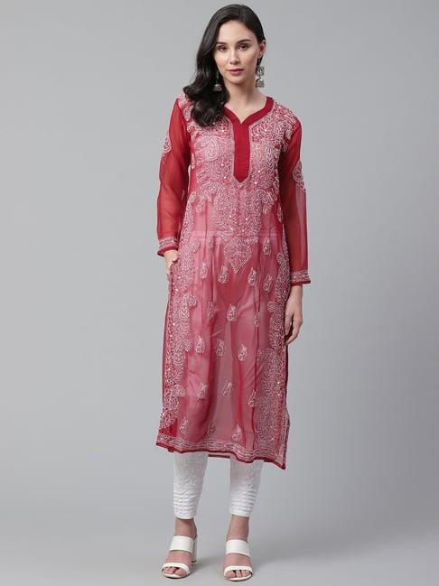 saadgi maroon chikankari embroidered a line kurta