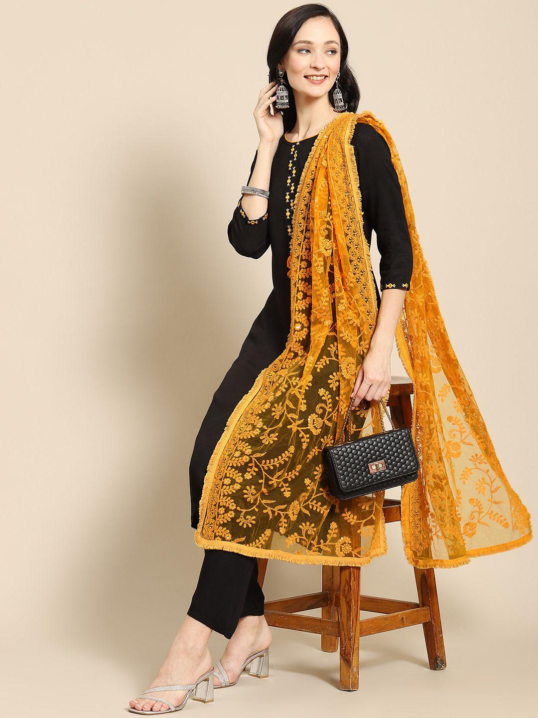 saadgi mustard & gold-toned embroidered dupatta with chikankari