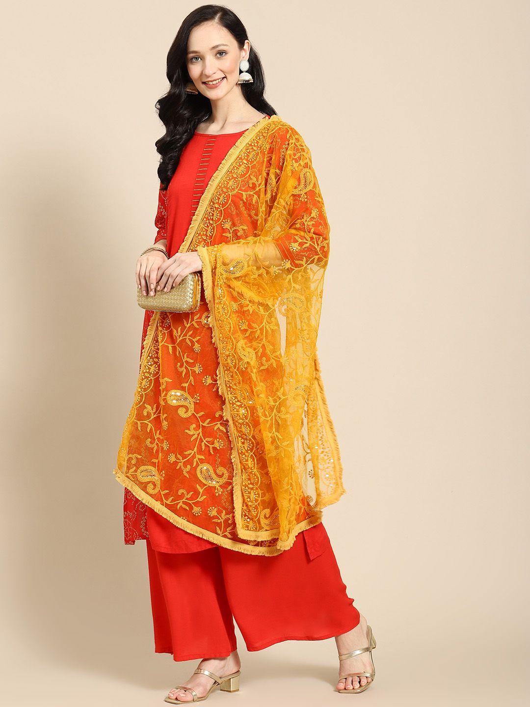 saadgi mustard & gold-toned ethnic motifs embroidered dupatta with chikankari