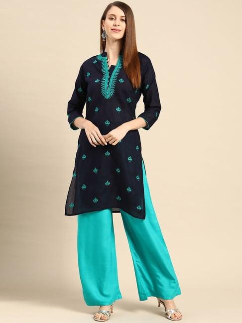 saadgi navy & turquoise embroidered kurta palazzo set