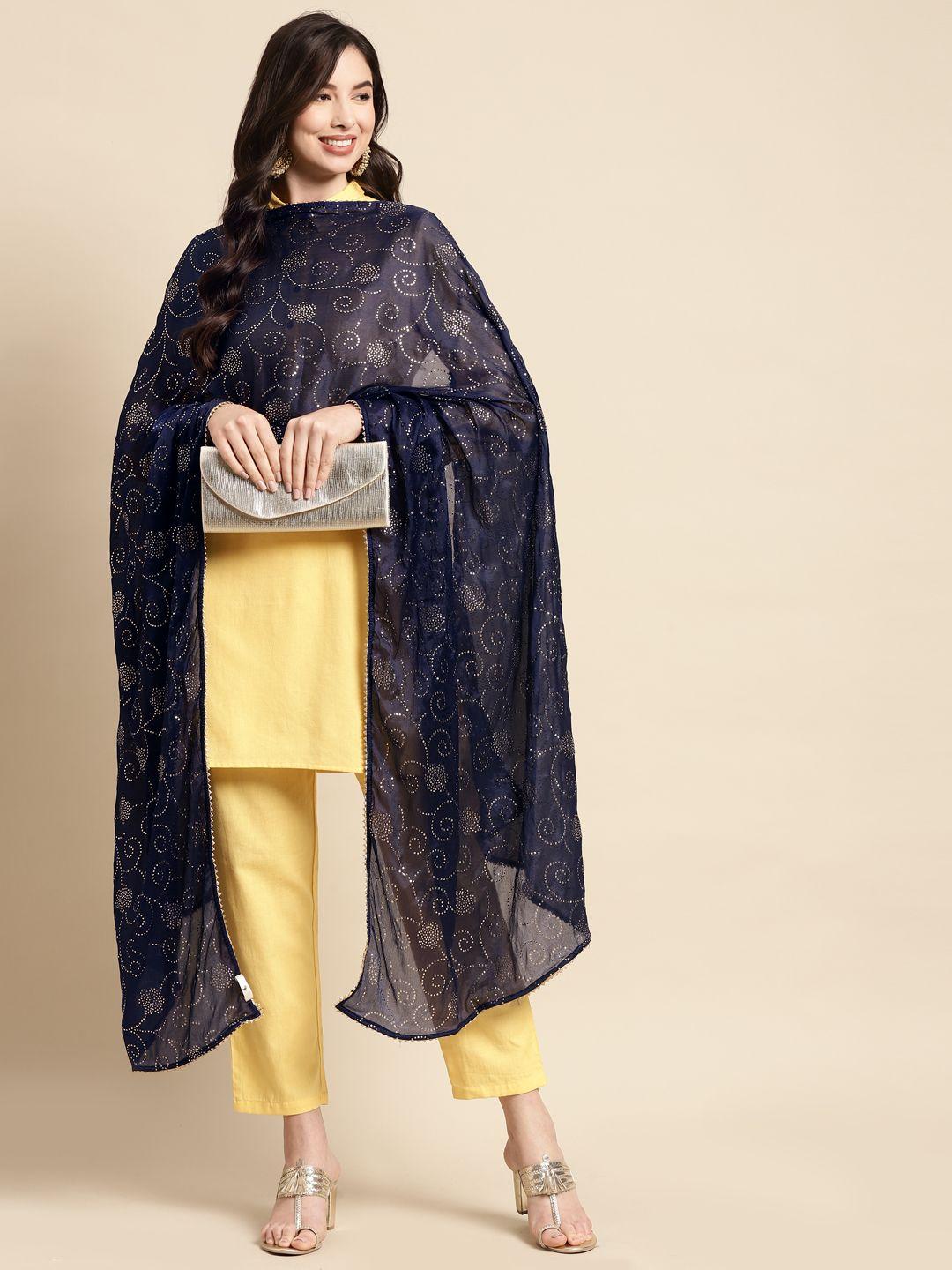 saadgi navy blue & golden ethnic motifs gotta patti dupatta with mukaish