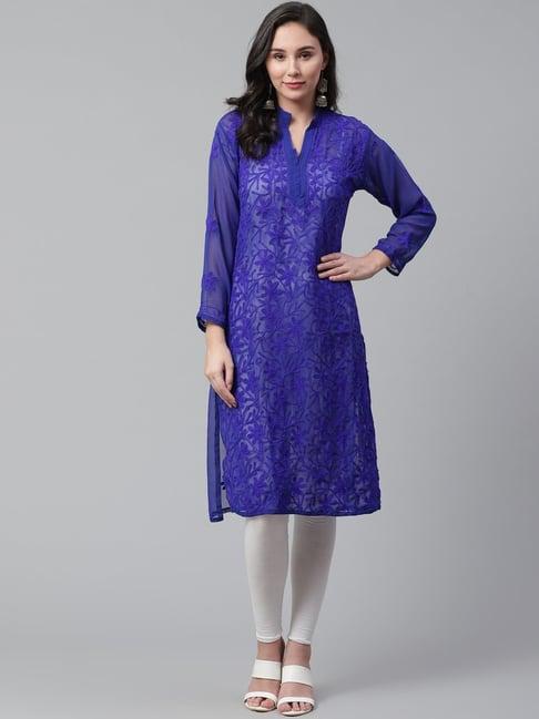 saadgi navy chikankari embroidered straight kurti