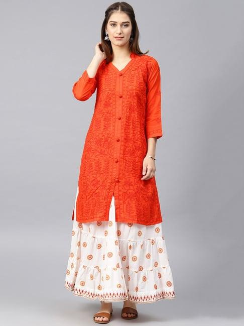 saadgi orange chikankari embroidered a line kurta