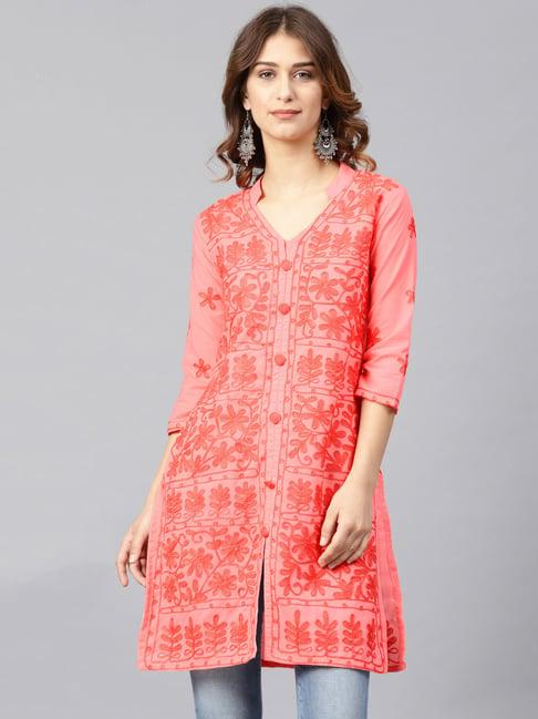 saadgi orange chikankari embroidered a line kurti