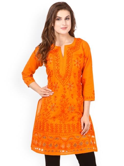 saadgi orange chikankari embroidered straight kurti