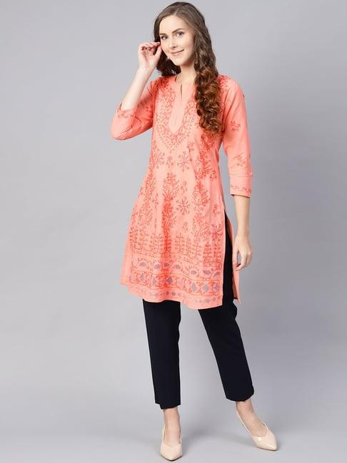 saadgi peach chikankari embroidered a line kurta