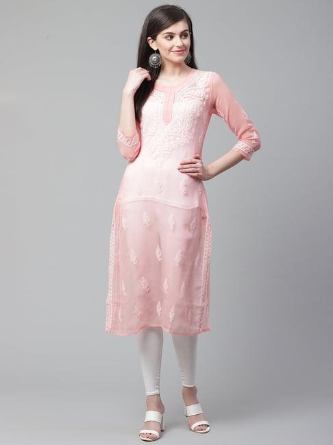 saadgi peach chikankari embroidered a line kurta