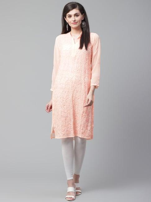 saadgi peach chikankari embroidered straight kurti