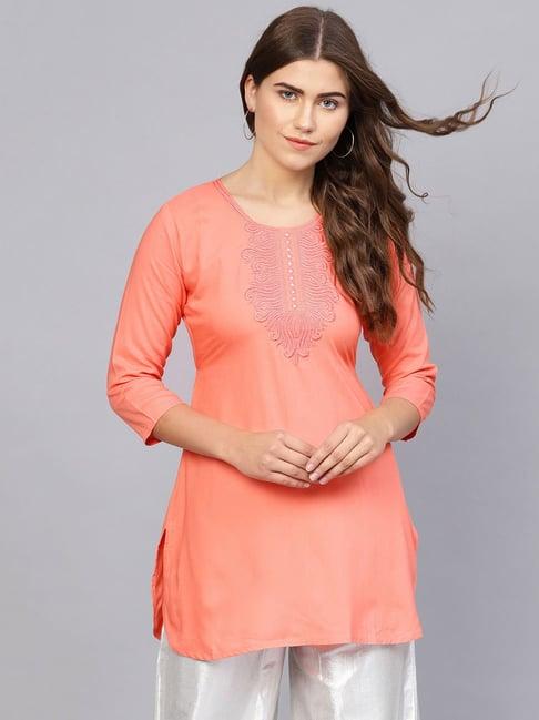 saadgi peach embroidered a line kurti