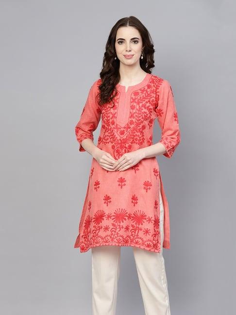 saadgi peach embroidered straight kurti