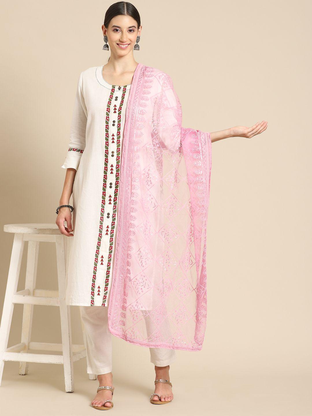 saadgi pink & gold-toned ethnic motifs embroidered dupatta with chikankari