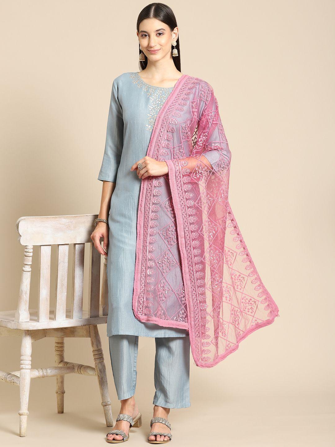 saadgi pink & gold-toned ethnic motifs embroidered dupatta with chikankari