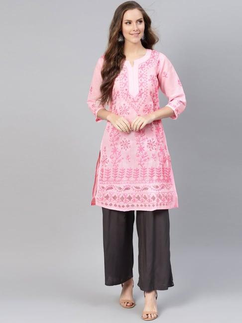 saadgi pink chikankari embroidered a line kurta