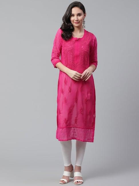 saadgi pink chikankari embroidered a line kurta