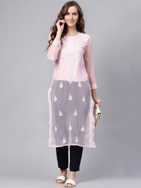 saadgi pink chikankari embroidered a line kurta