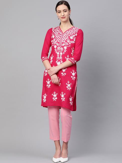 saadgi pink embroidered a line kurti