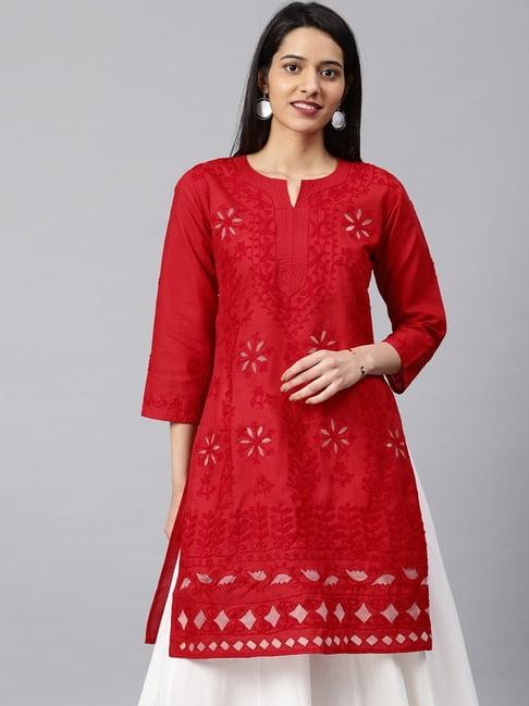 saadgi red chikankari embroidered a line kurta