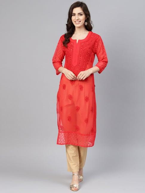 saadgi red chikankari embroidered a line kurta