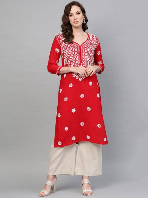 saadgi red chikankari embroidered a line kurta