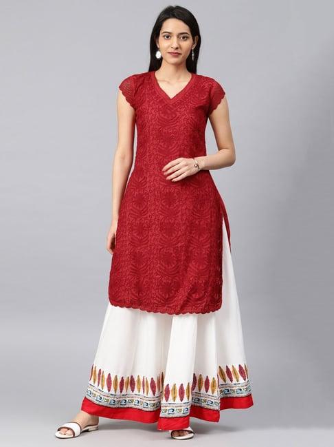 saadgi red chikankari embroidered a line kurta