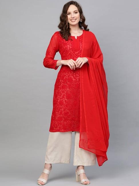 saadgi red embroidered a line kurta with dupatta