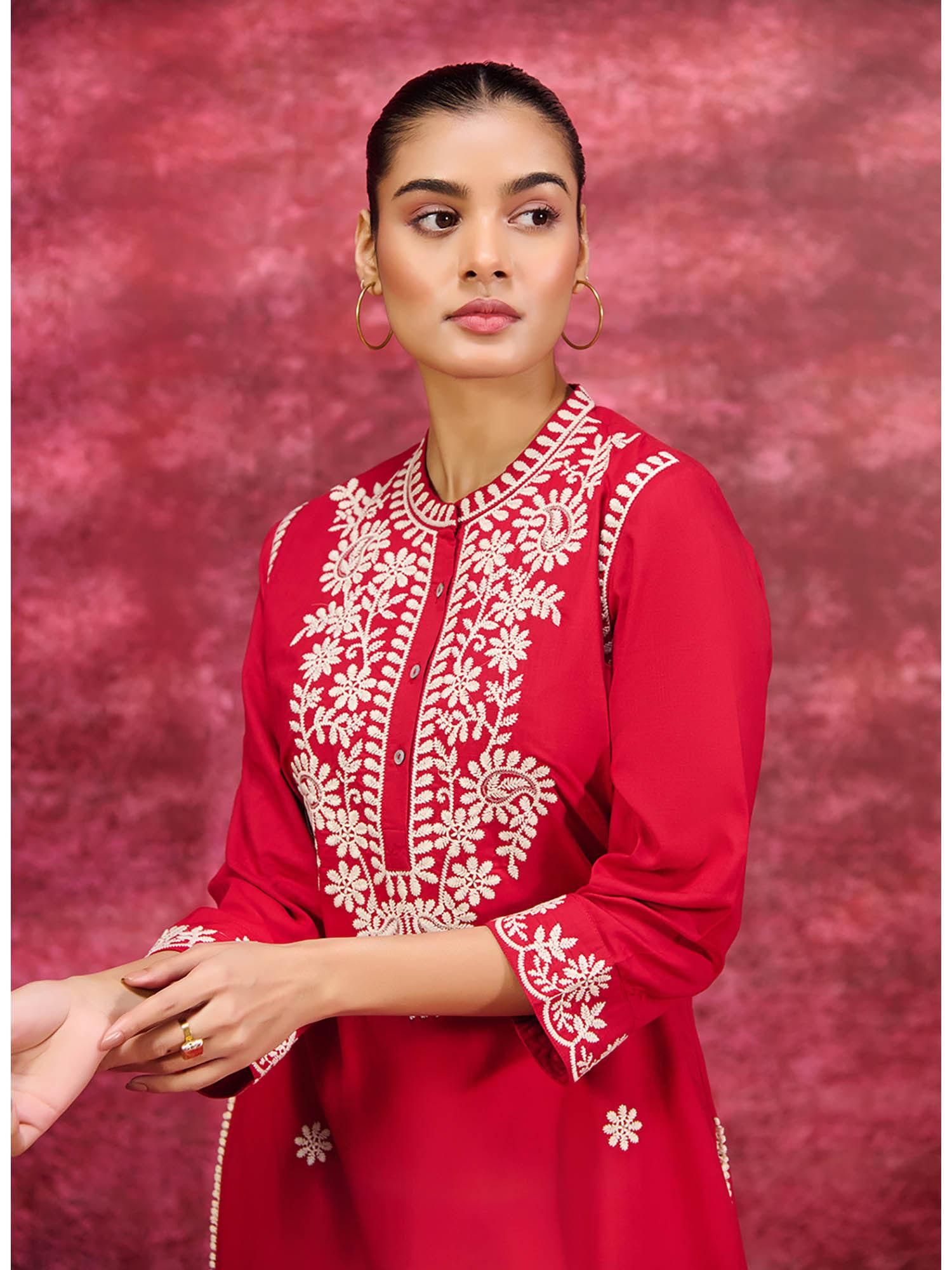 saadgi red embroidered cotton linen tunic for women