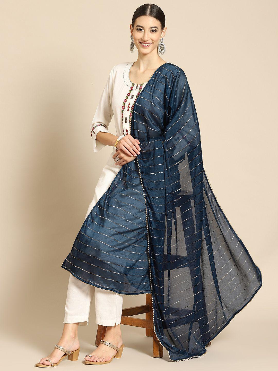 saadgi teal blue & gold-toned ethnic motifs printed dupatta with mukaish