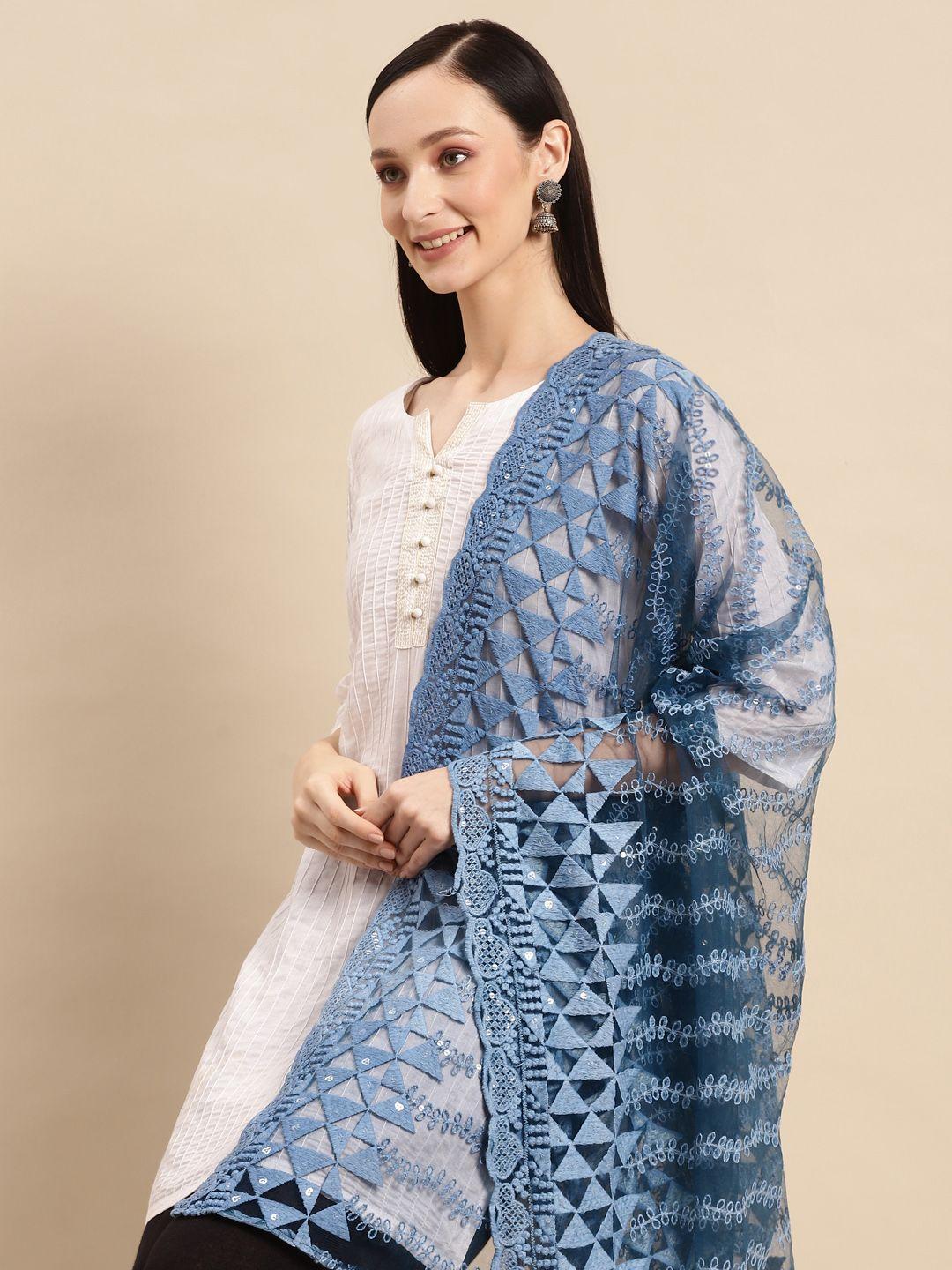 saadgi teal blue & silver-coloured ethnic motifs embroidered chikankari sequin dupatta