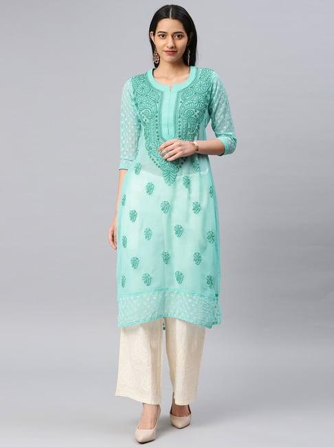 saadgi turquoise chikankari embroidered a line kurta